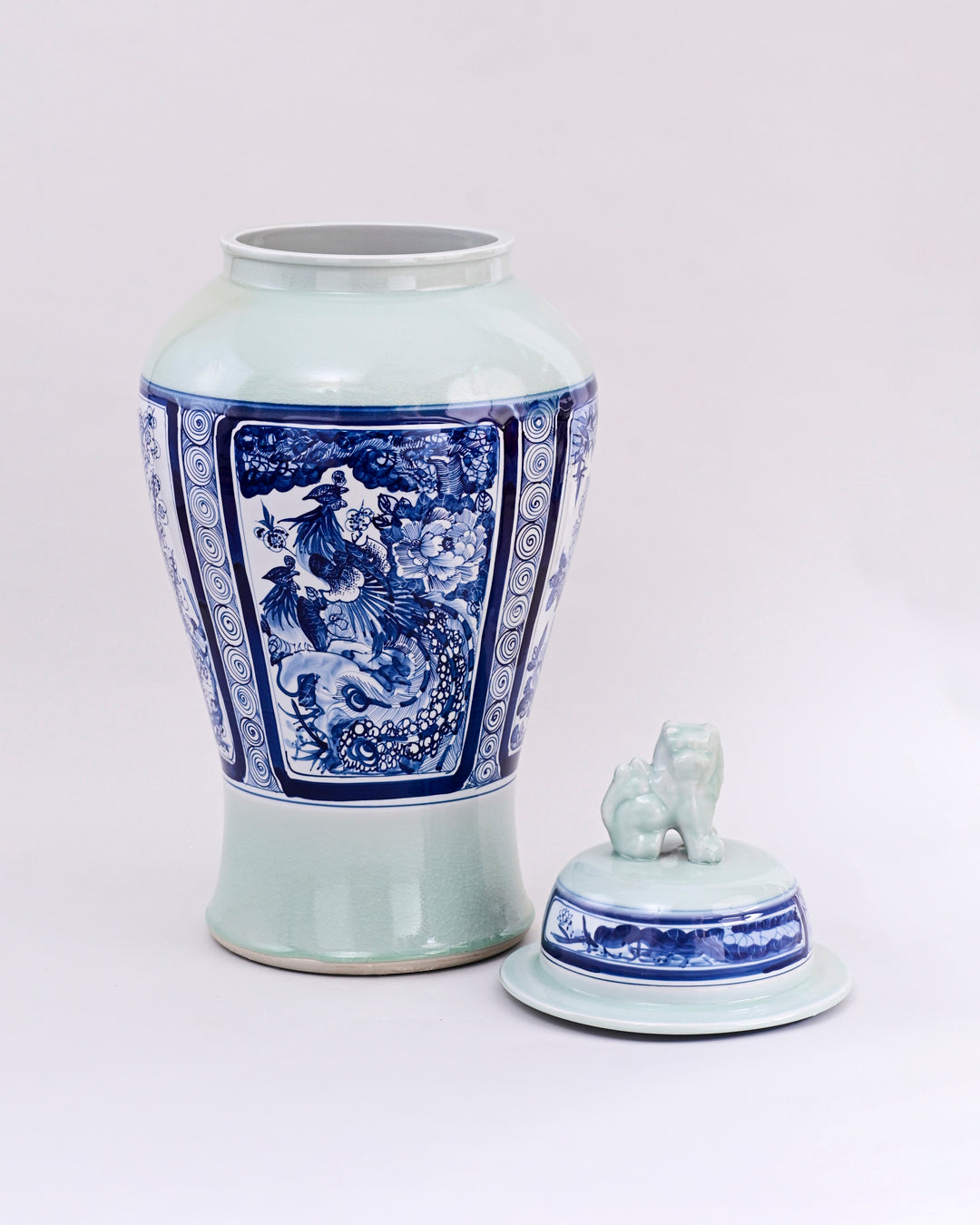 Celadon Phoenix Foo Dog Temple Jar 