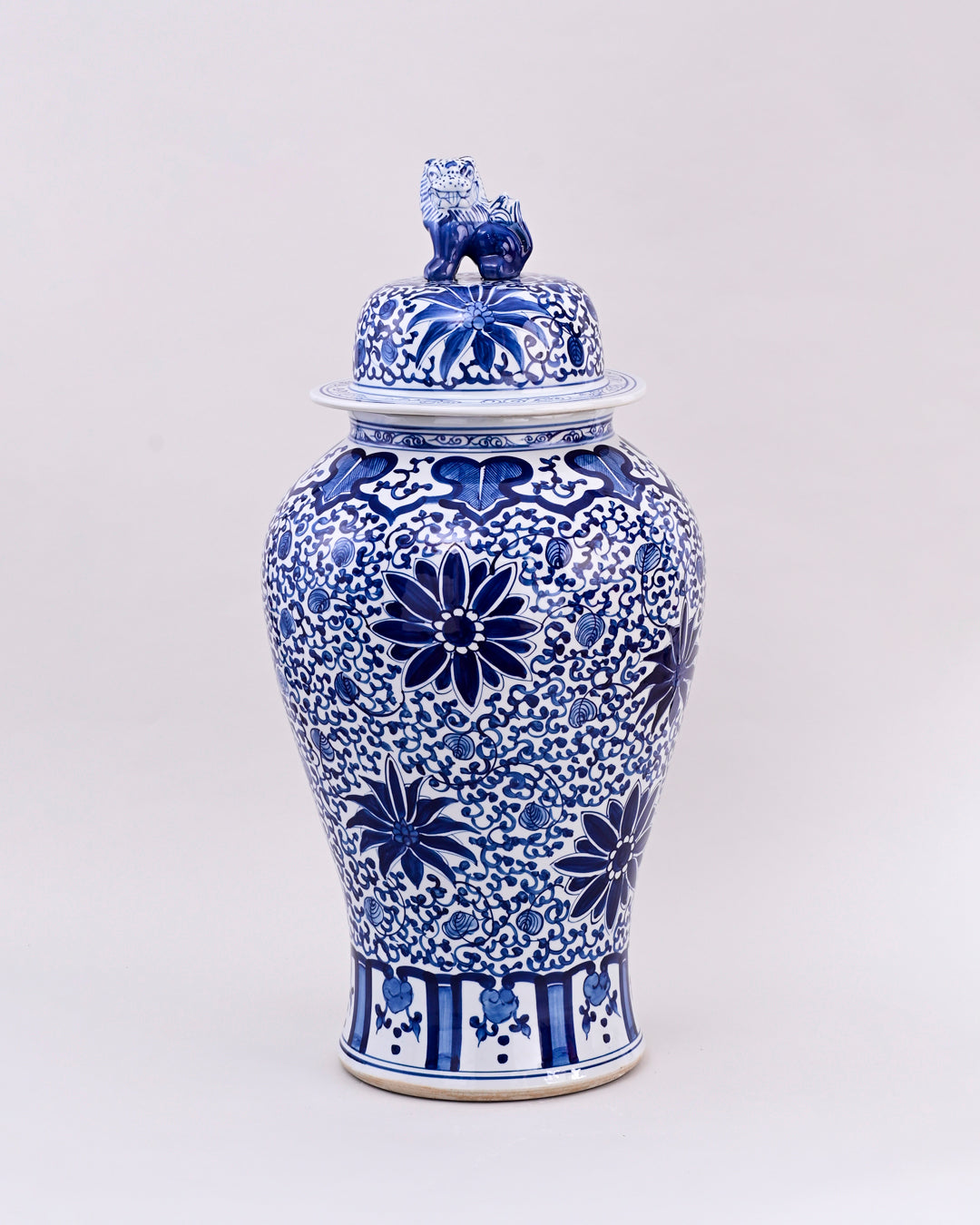 Blue Chrysanthemum Foo Dog Temple Jar 