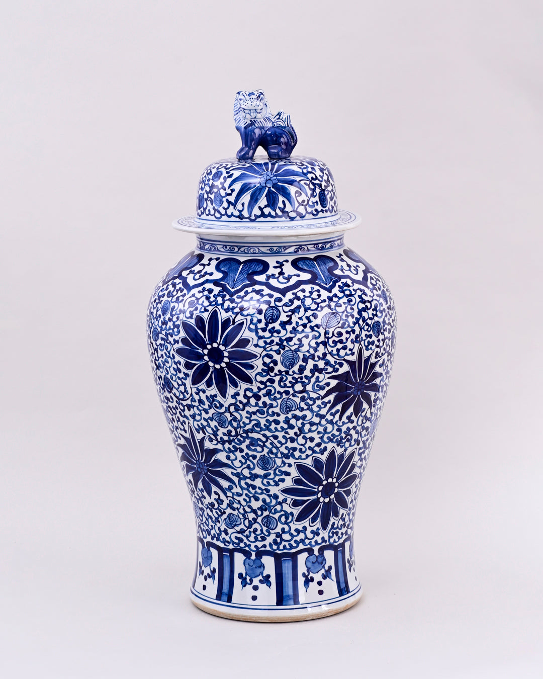 Blue Chrysanthemum Foo Dog Temple Jar 