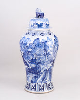 Dynasty Landscape Blue & White Temple Jar With Foo Dog Lid - 92 cm 