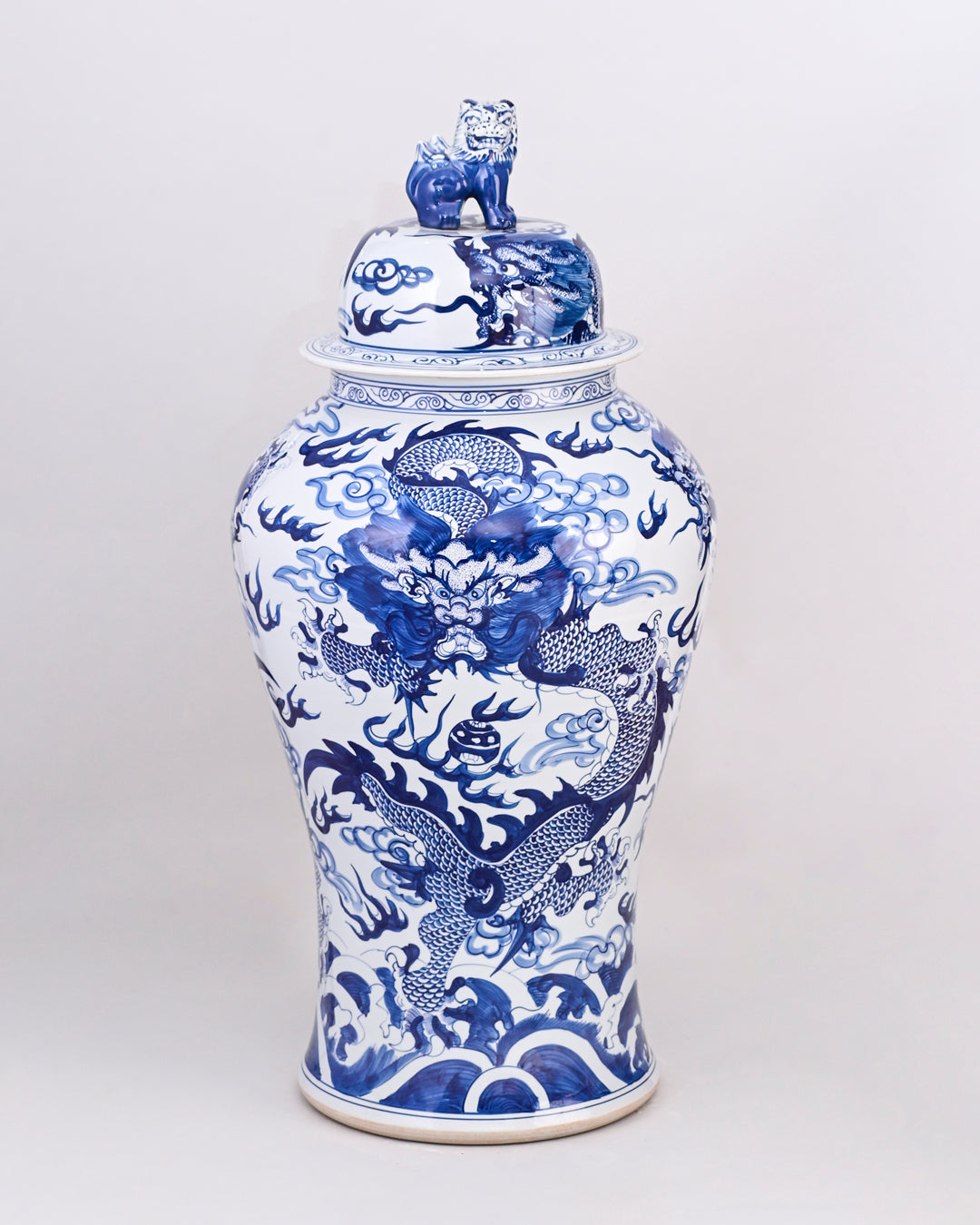 Imperial Blue Dragon Temple Jar With foo Dog Lid - 120cm 