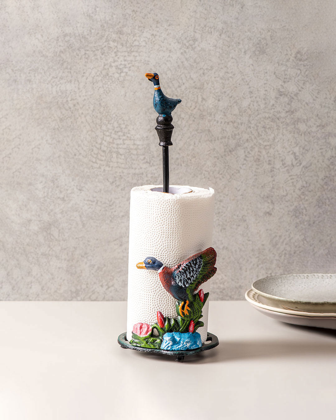 Mallard duck cast iron paper towel holder with intricate detailing, perfect for rustic kitchen decor. 