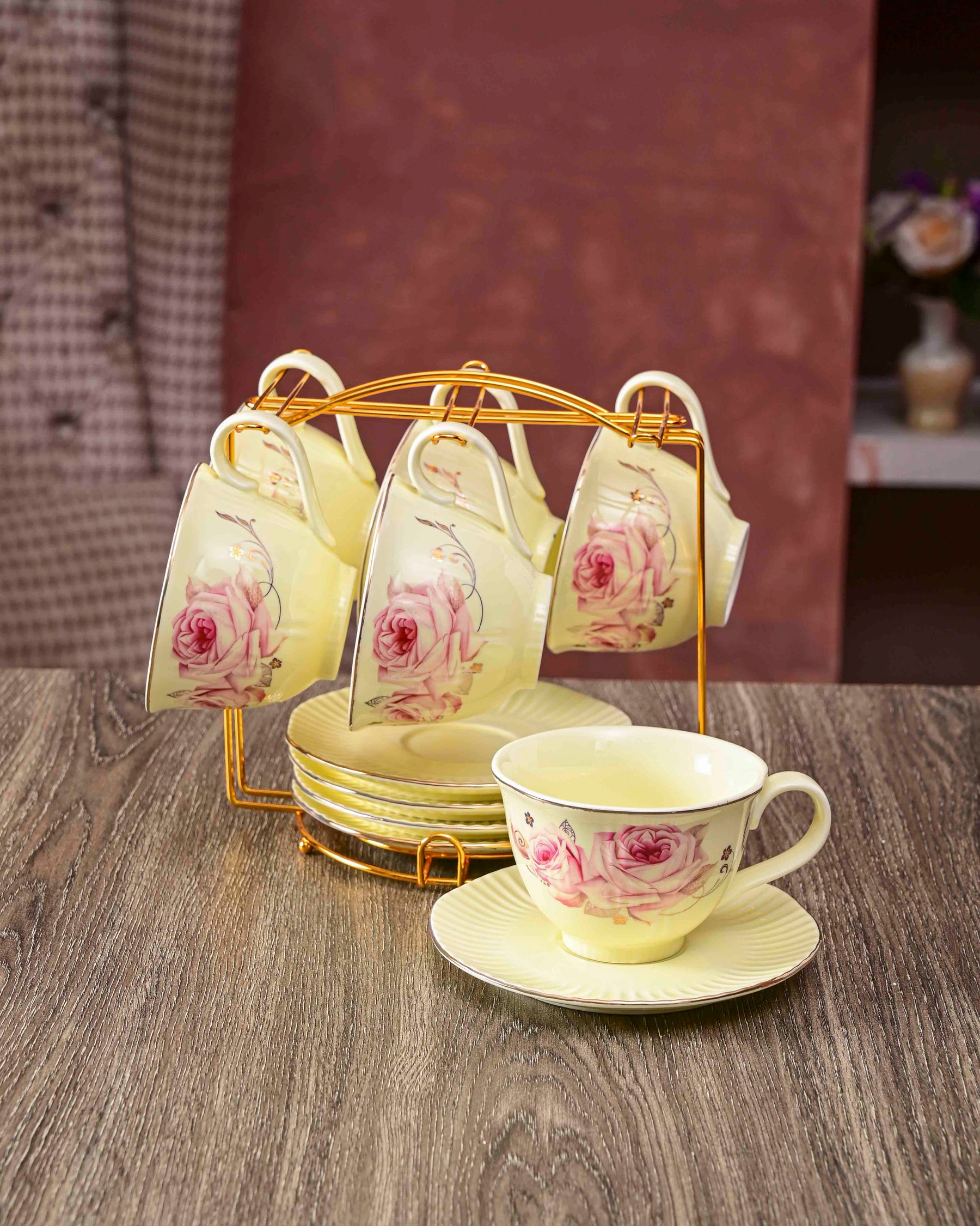 Vintage Floral Embossed - 13 Piece Tea Set with Stand 