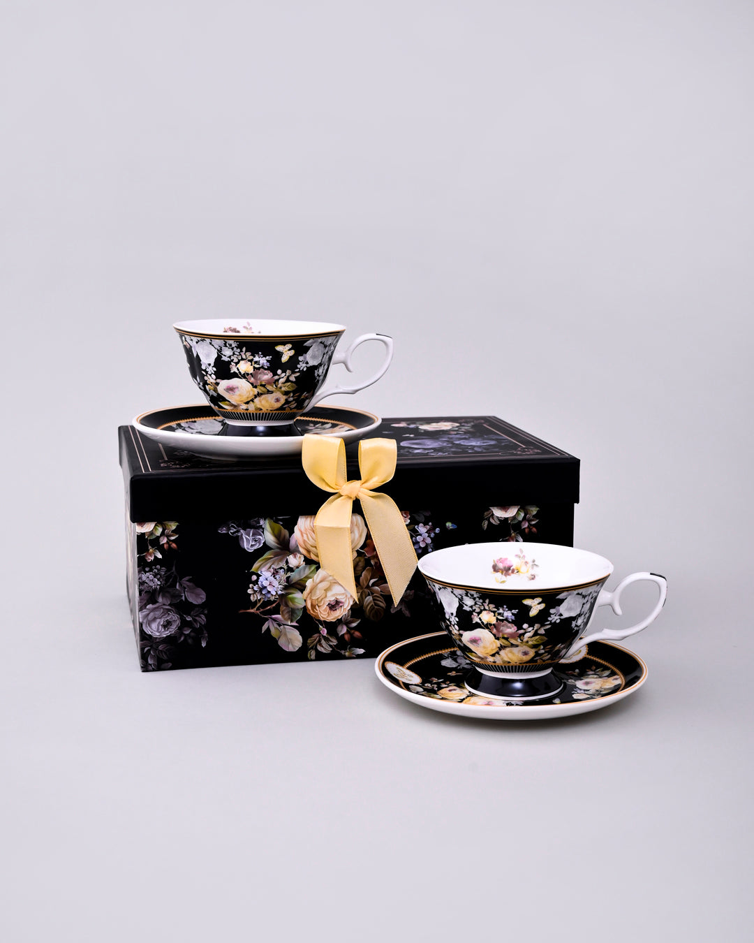 Black Floral Charm Tea Cup & Saucer - Set Of 4 
