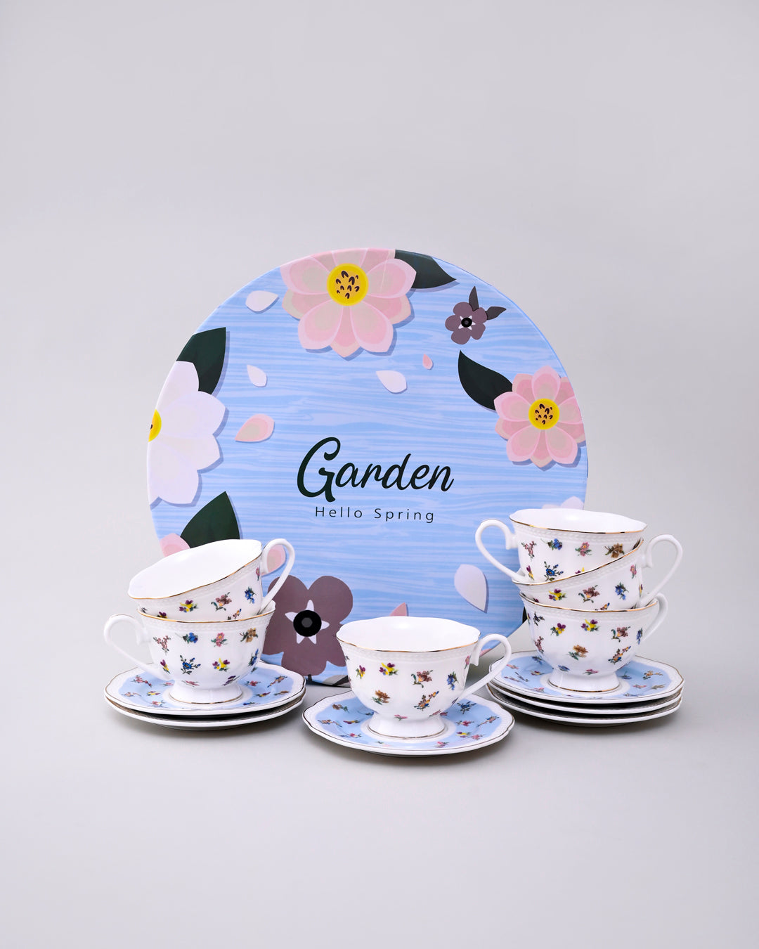 Royal Flora Golden Rim Tea Cup With Saucer - Set Of 6 