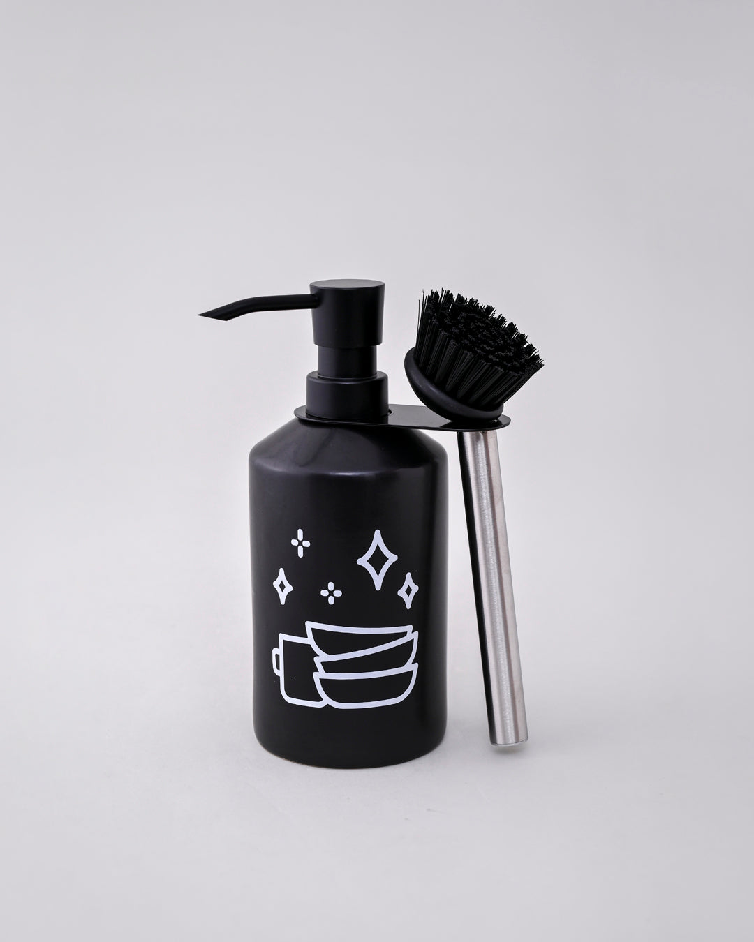 Modern Clean Soap Dispenser with Brush Holder - Black 