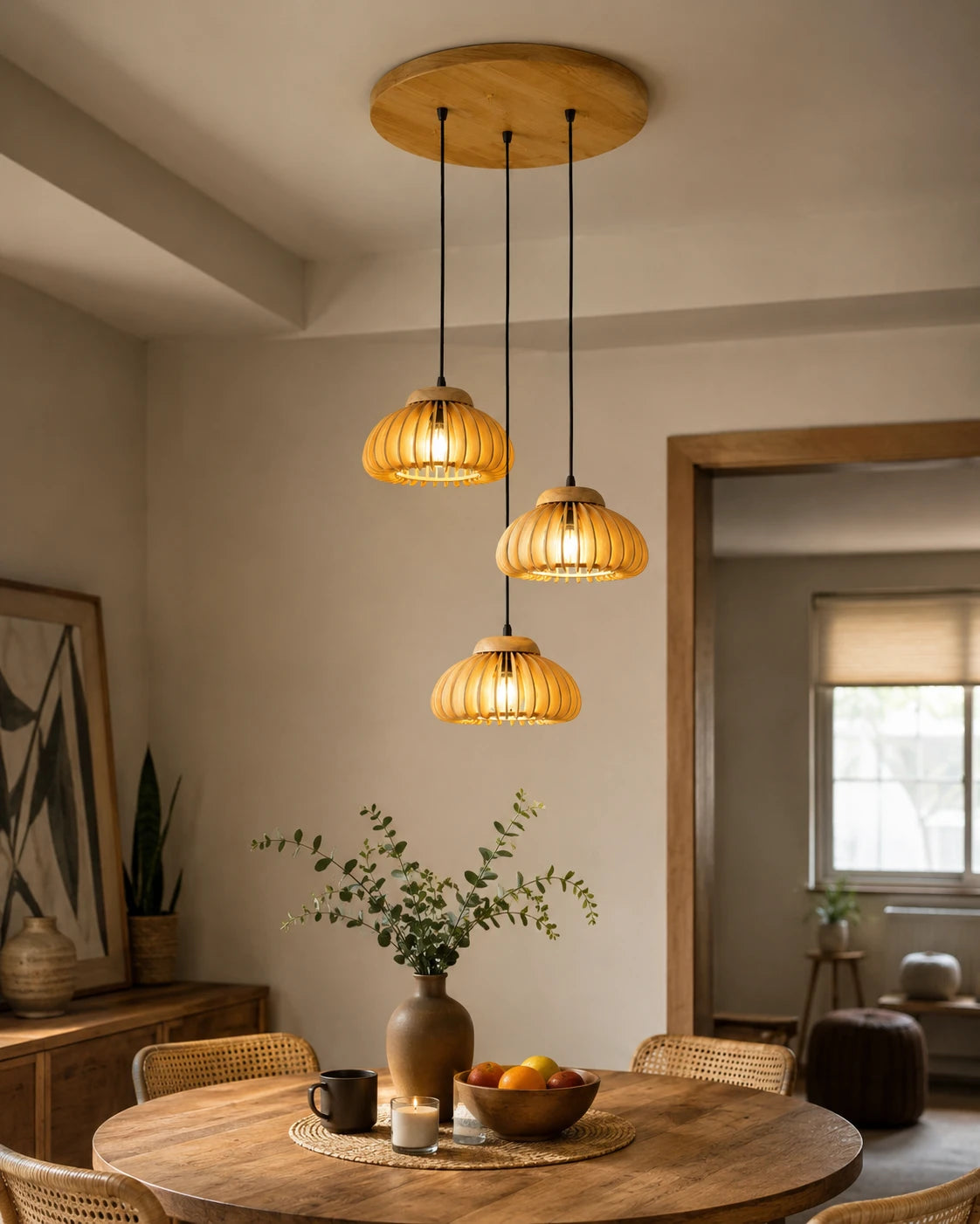 Ribbed Wood Cluster Pendant Light 