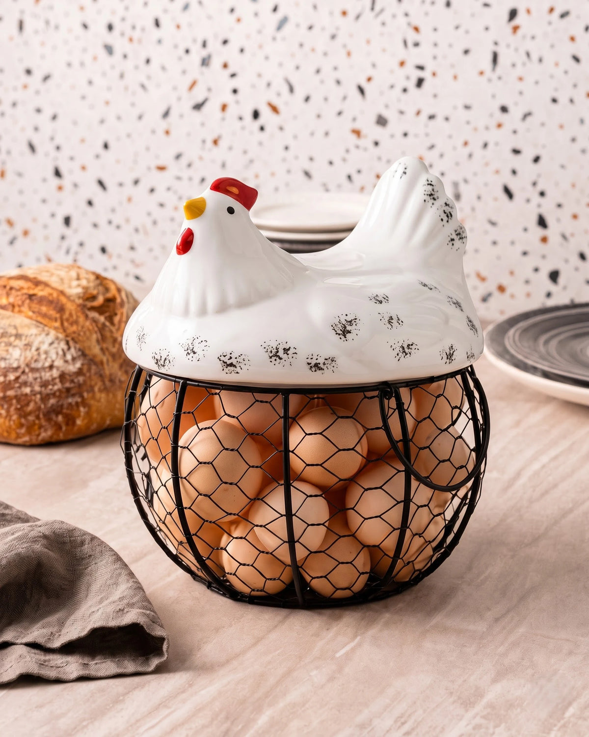 Rooster Egg Basket - Spotted White
