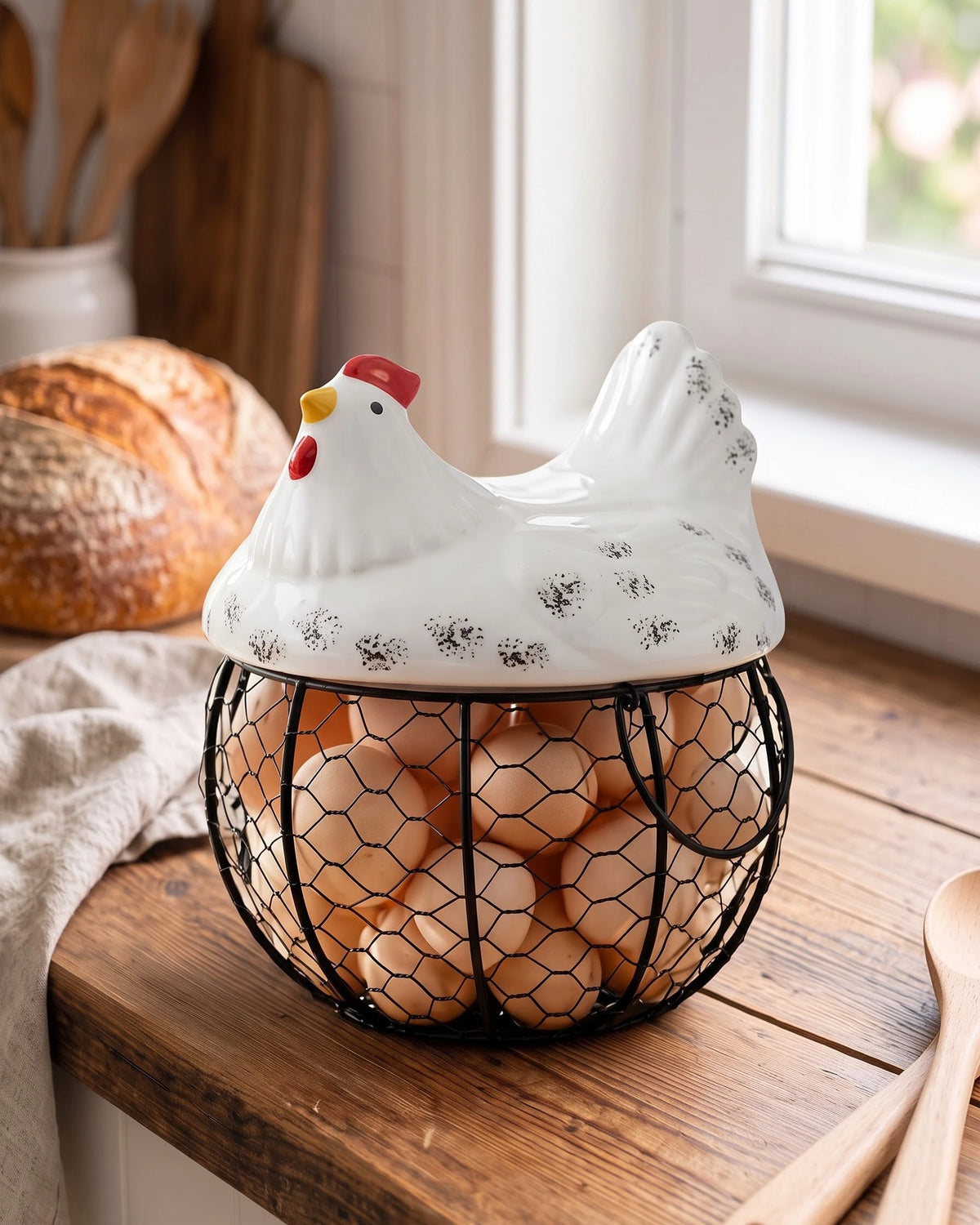 Rooster Egg Basket - Spotted White