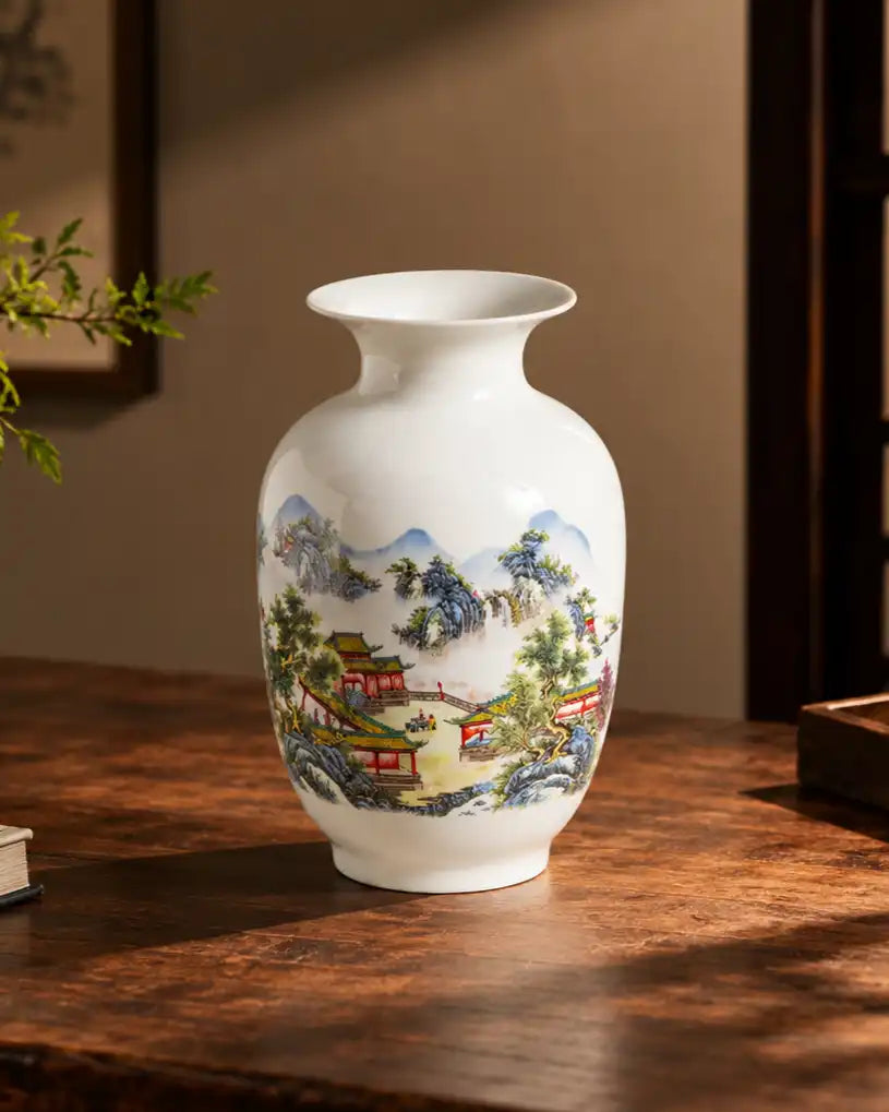 Mountain Pavilion Landscape Round Neck Vase
