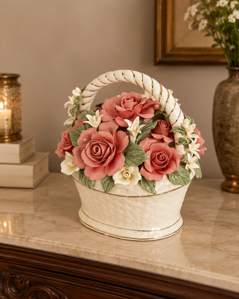 Verona Rose Flower Basket Tabletop Decor
