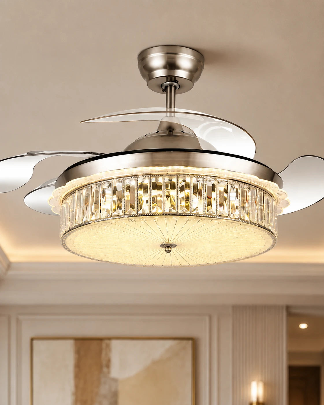 Crystal Halo Retractable Ceiling Fan + Chandelier Light (with Remote Control) 