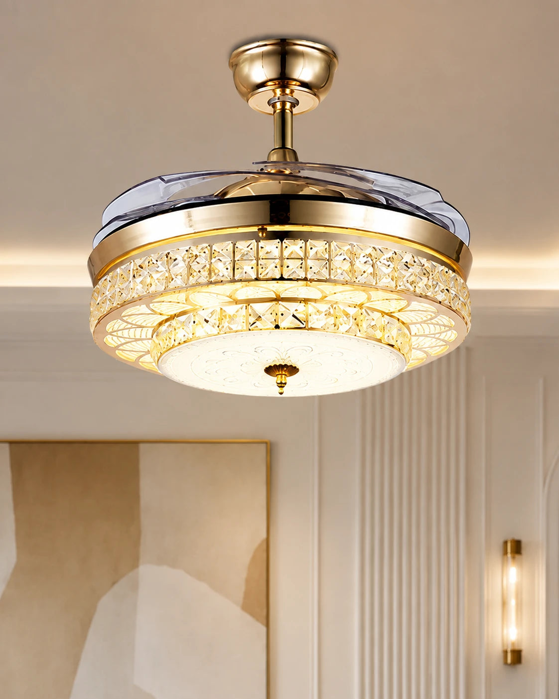 Opulent Crystal Retractable Ceiling Fan + Chandelier Light (with Remote Control) 
