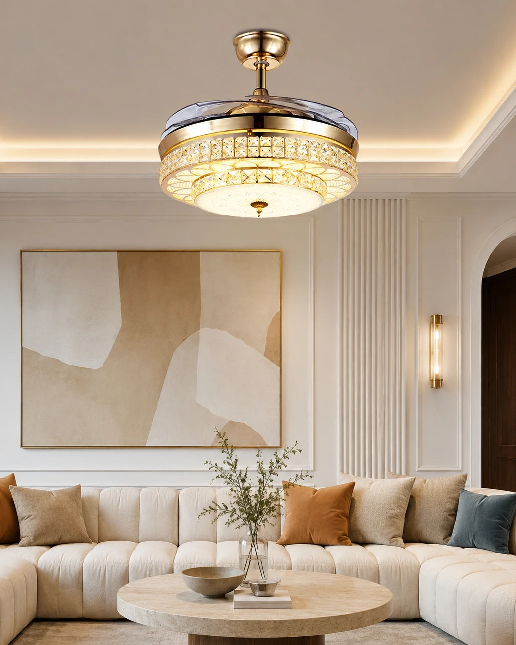 Opulent Crystal Retractable Ceiling Fan + Chandelier Light (with Remote Control) 