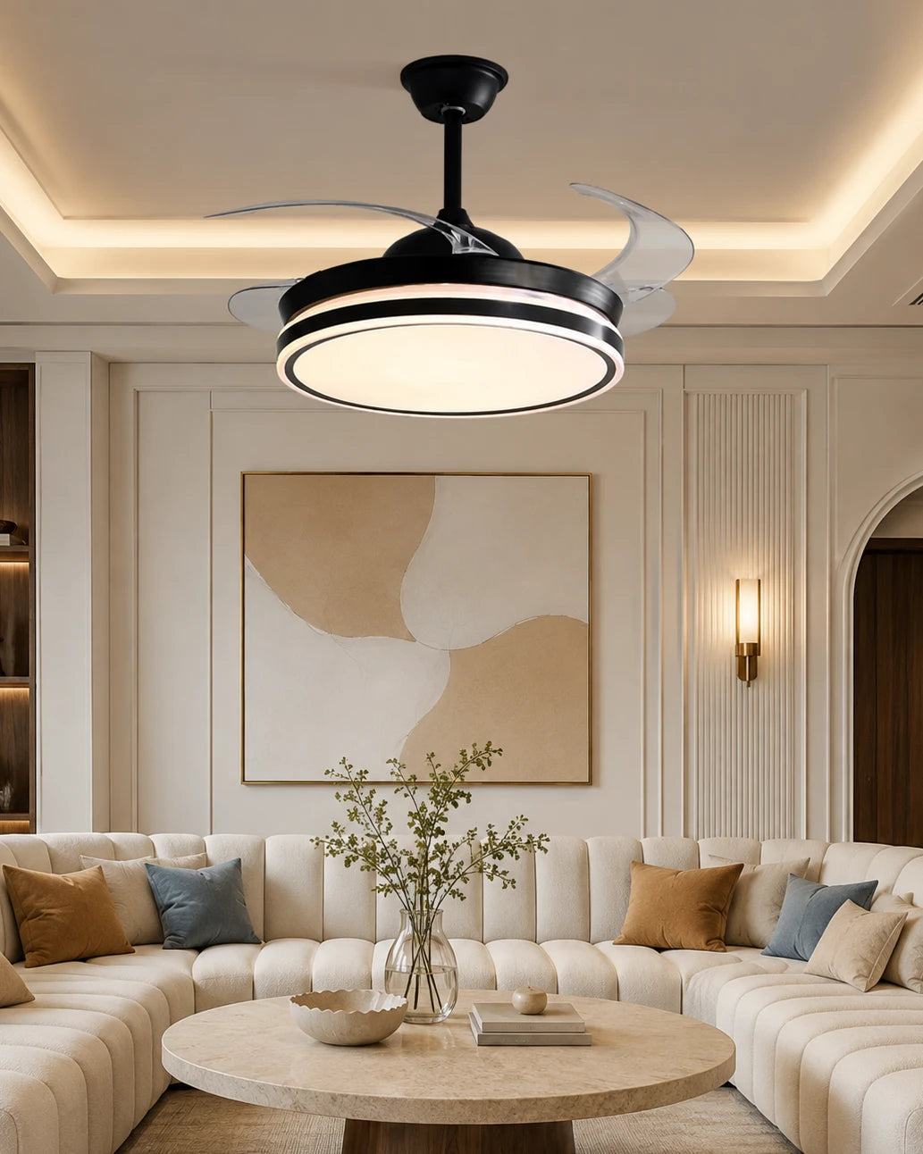Matte Black Retractable Ceiling Fan + Chandelier Light (with Remote Control) 