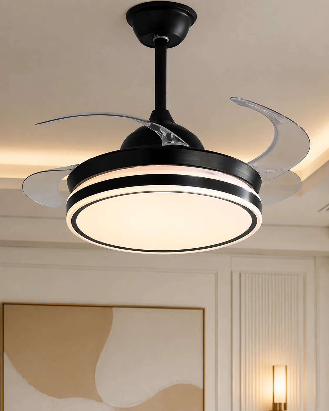 Matte Black Retractable Ceiling Fan + Chandelier Light (with Remote Control) 