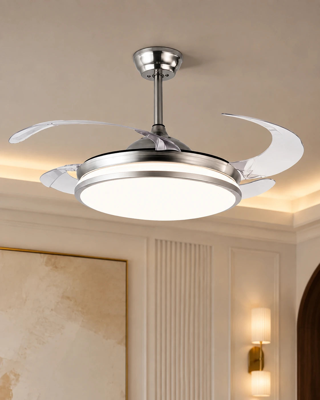 Brushed Silver Retractable Ceiling Fan + Chandelier Light (with Remote Control) 