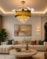 Golden Cascade Crystal Retractable Ceiling Fan + Chandelier Light (with Remote Control) 