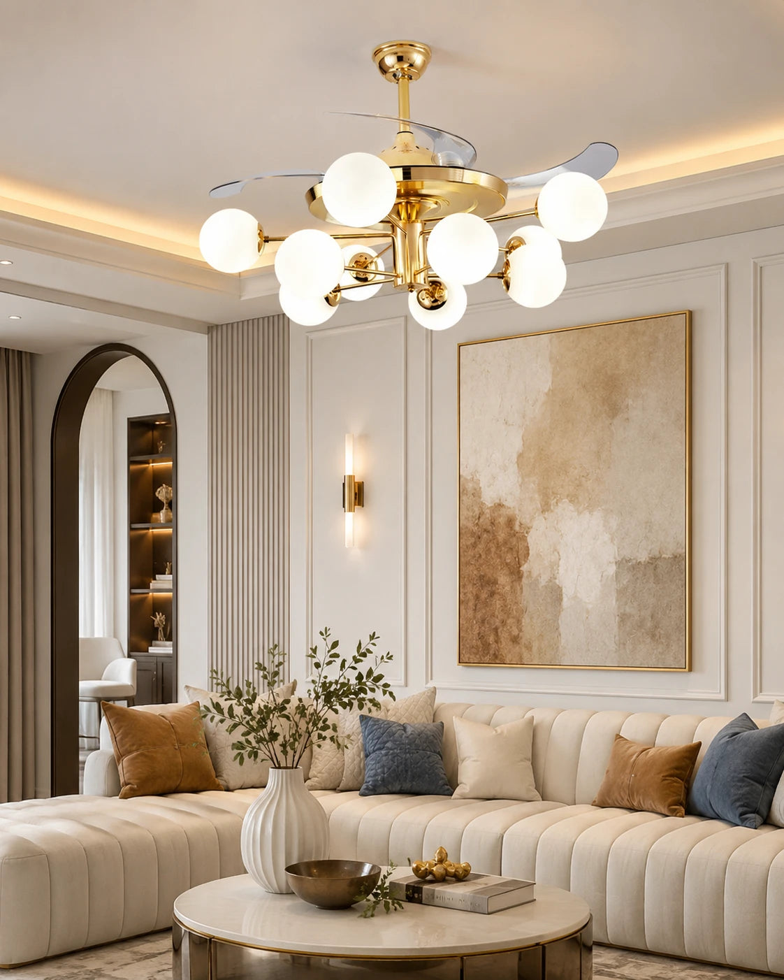 Glass Glob Retractable Ceiling Fan + Chandelier Light (with Remote Control) 