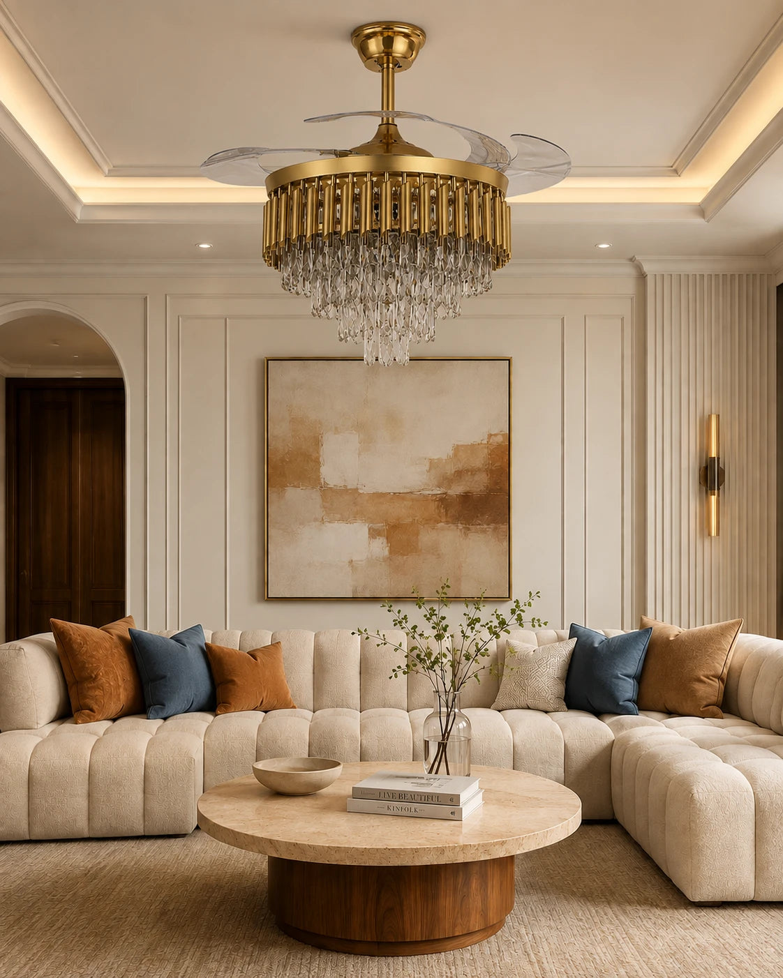 Royale Luxe Gold Crystal Retractable Fan Chandelier 
