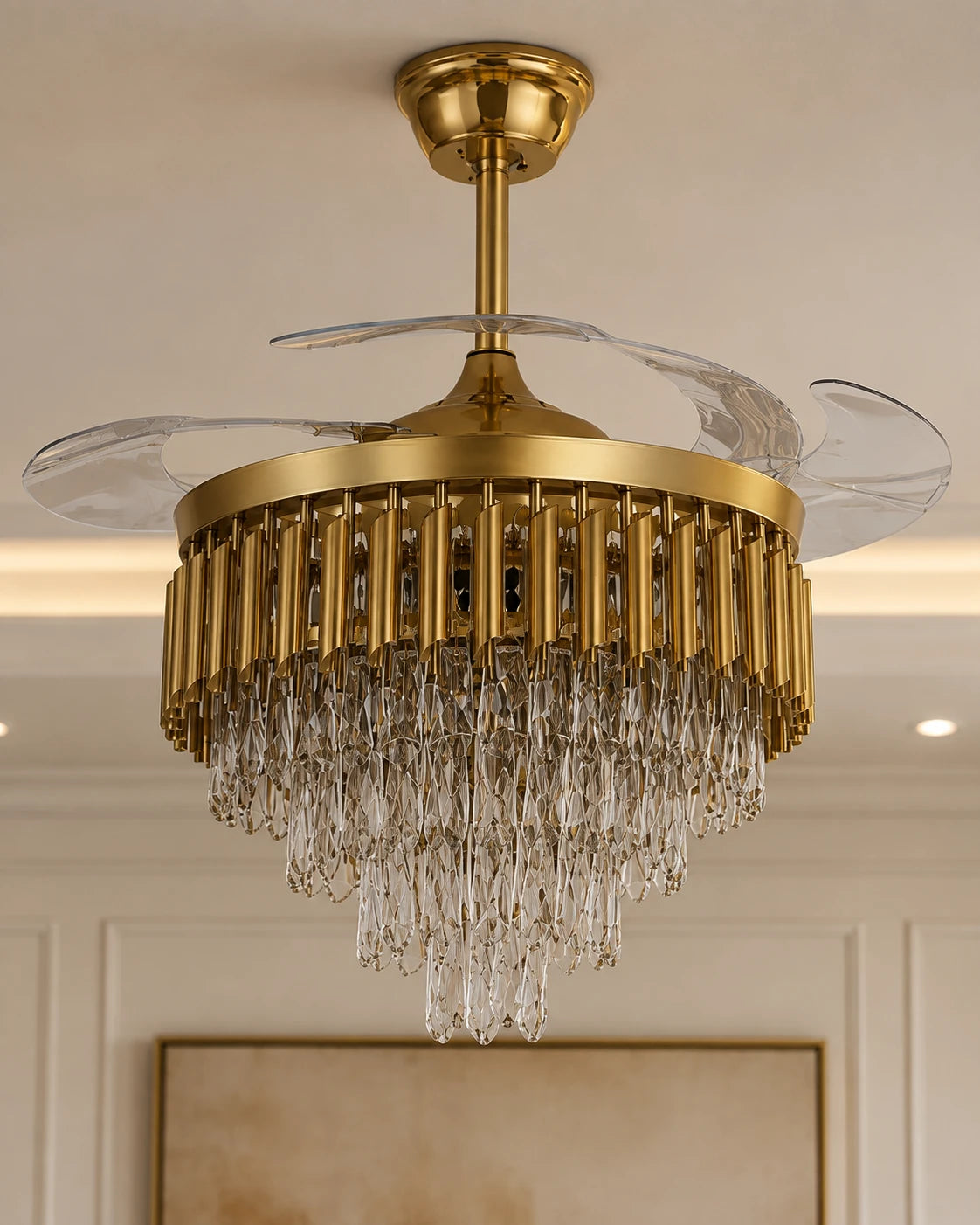 Royale Luxe Gold Crystal Retractable Fan Chandelier 
