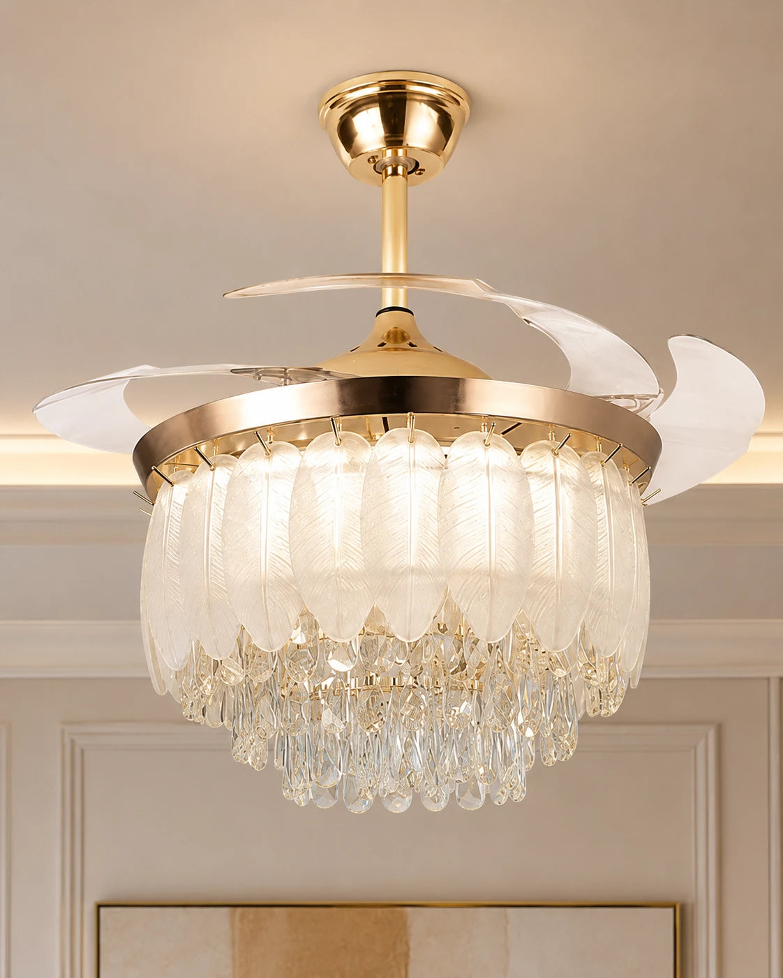 Crystal Leaf Retractable Ceiling Fan + Chandelier Light (with Remote Control) 