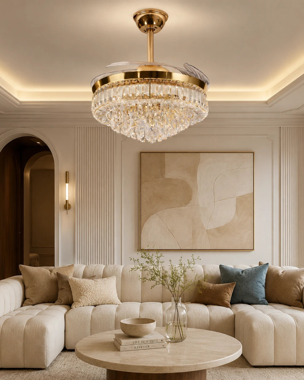 Crystal Ring Retractable Ceiling Fan + Chandelier Light (with Remote Control) 
