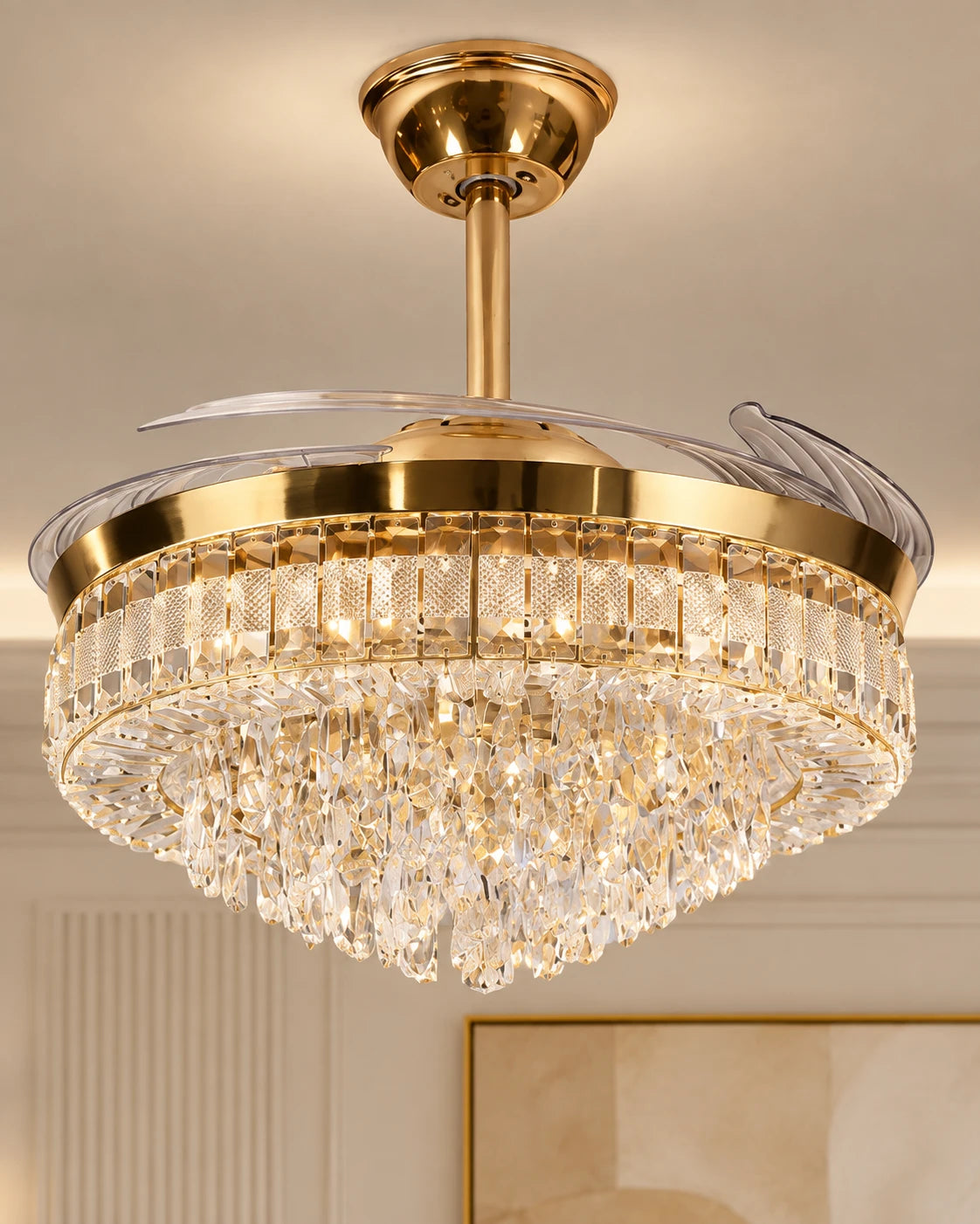Crystal Ring Retractable Ceiling Fan + Chandelier Light (with Remote Control) 