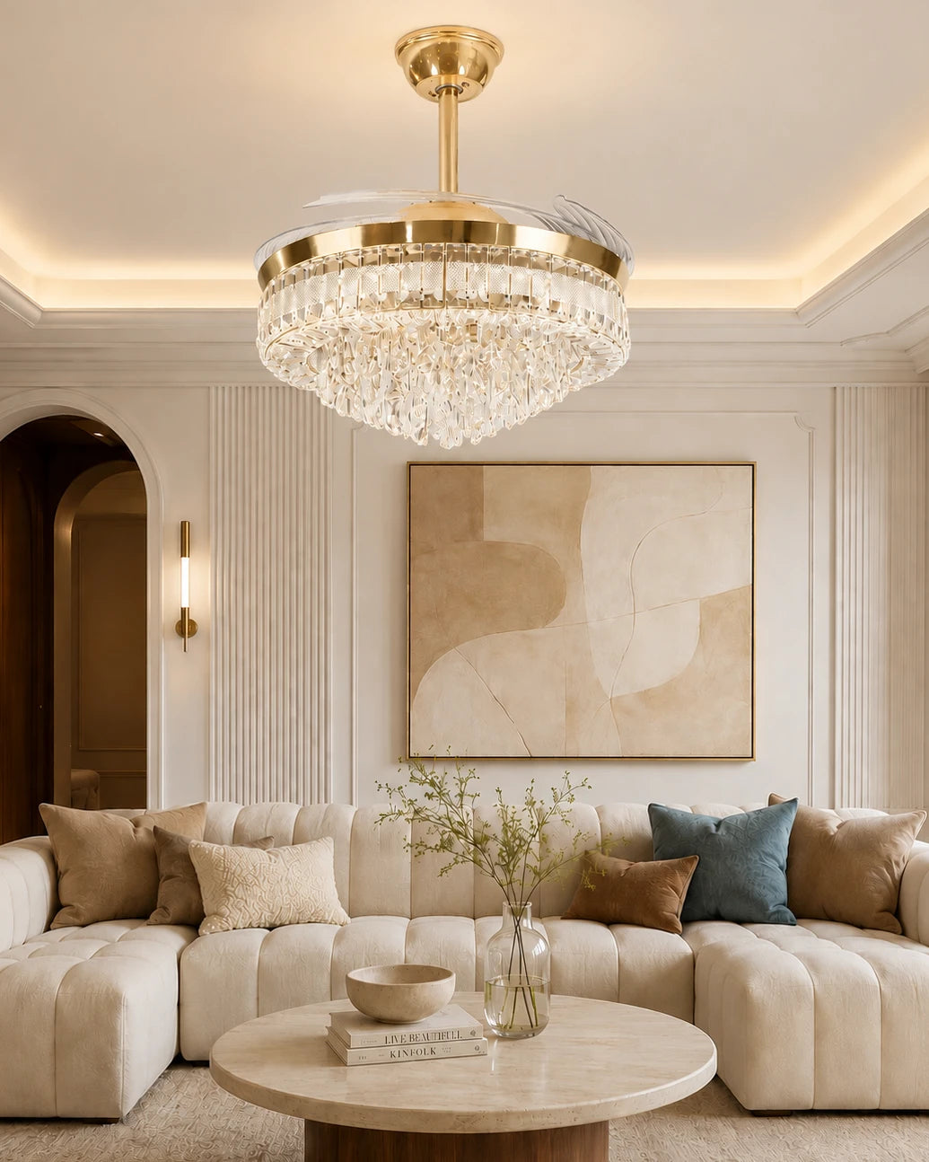 Crystal Ring Retractable Ceiling Fan + Chandelier Light (with Remote Control) 