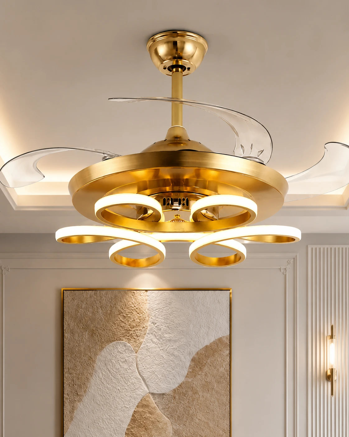 Golden Bloom Retractable Ceiling Fan + Chandelier Light (with Remote Control) 