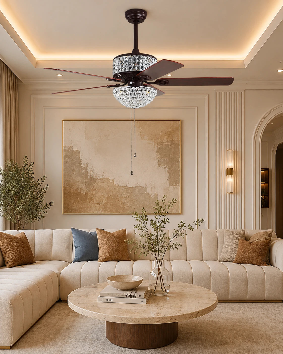 Vintage Crystal Retractable Ceiling Fan + Chandelier Light (with Remote Control) 