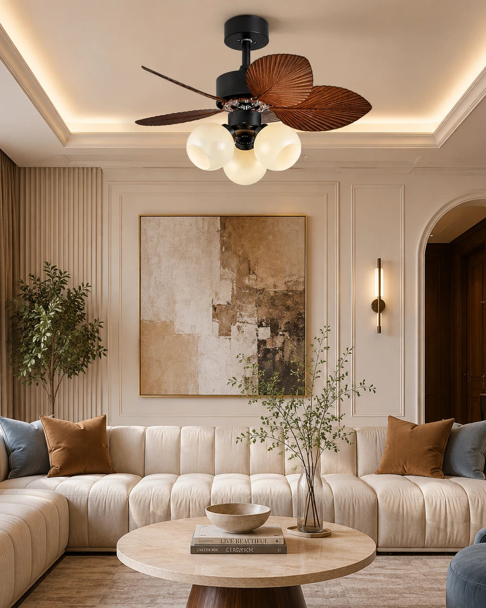 Tropical Palm Retractable Ceiling Fan + Chandelier Light (with Remote Control) 