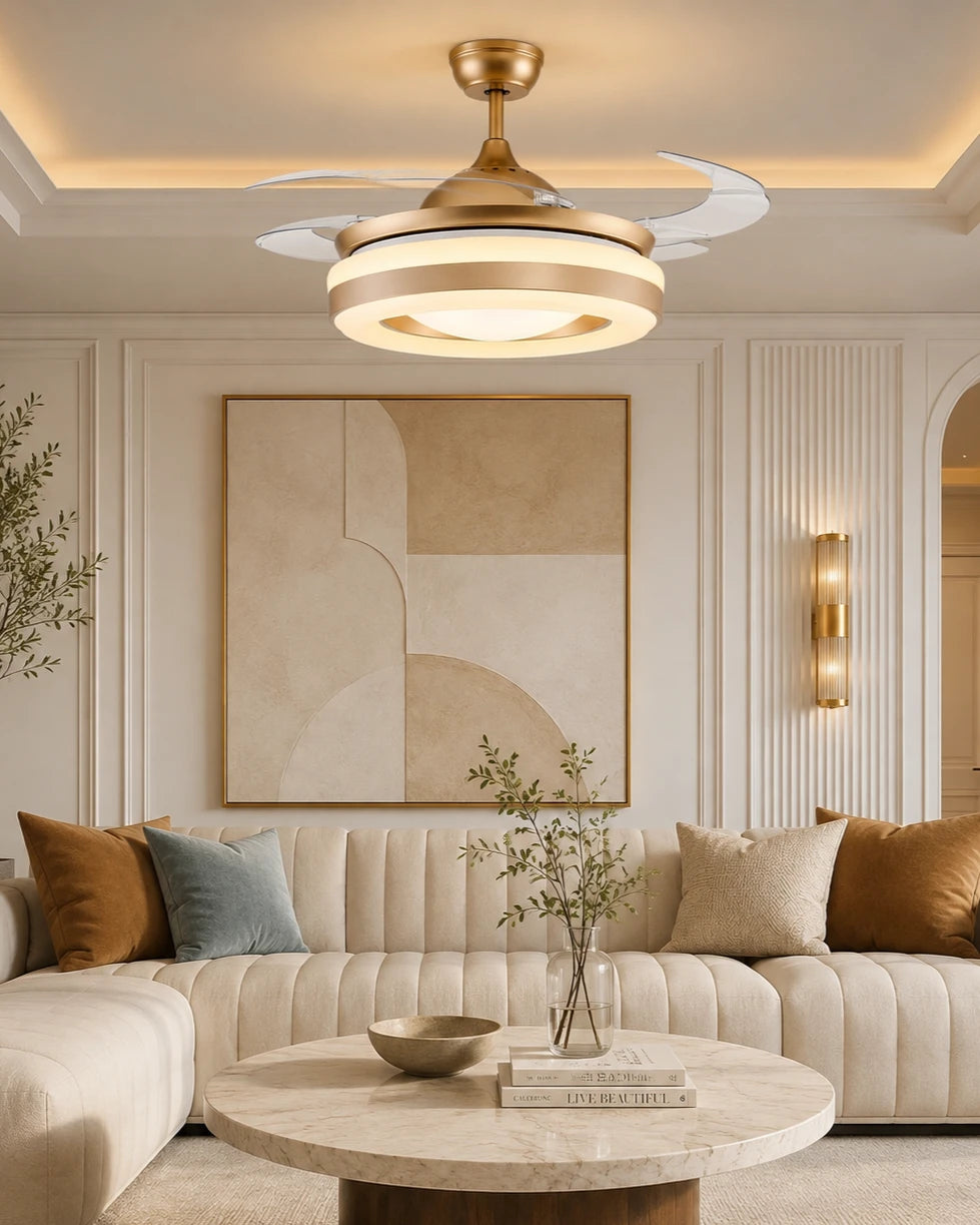 Aura Ring LED Retractable Ceiling Fan + Chandelier Light (with Remote Control) 