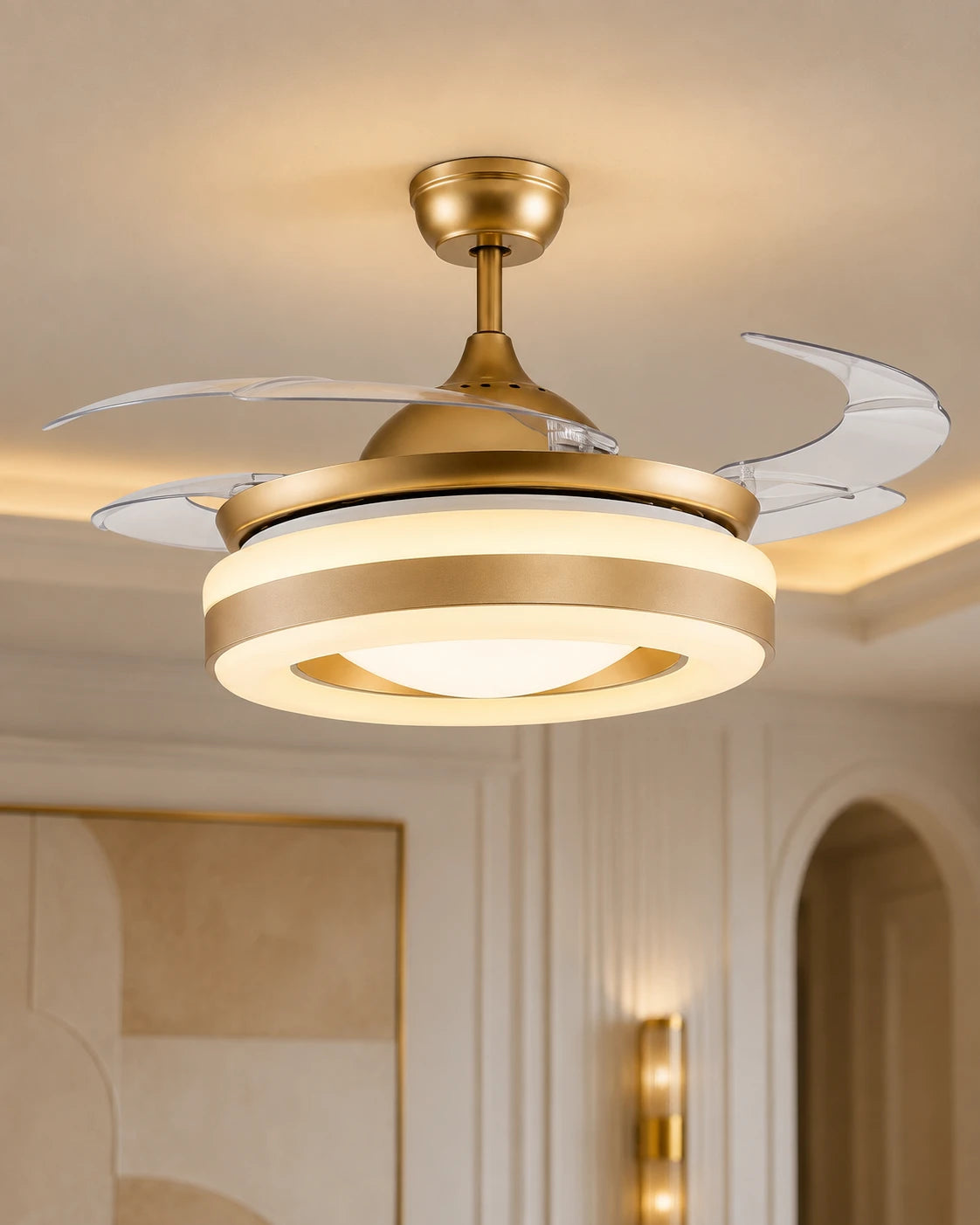 Aura Ring LED Retractable Ceiling Fan + Chandelier Light (with Remote Control) 