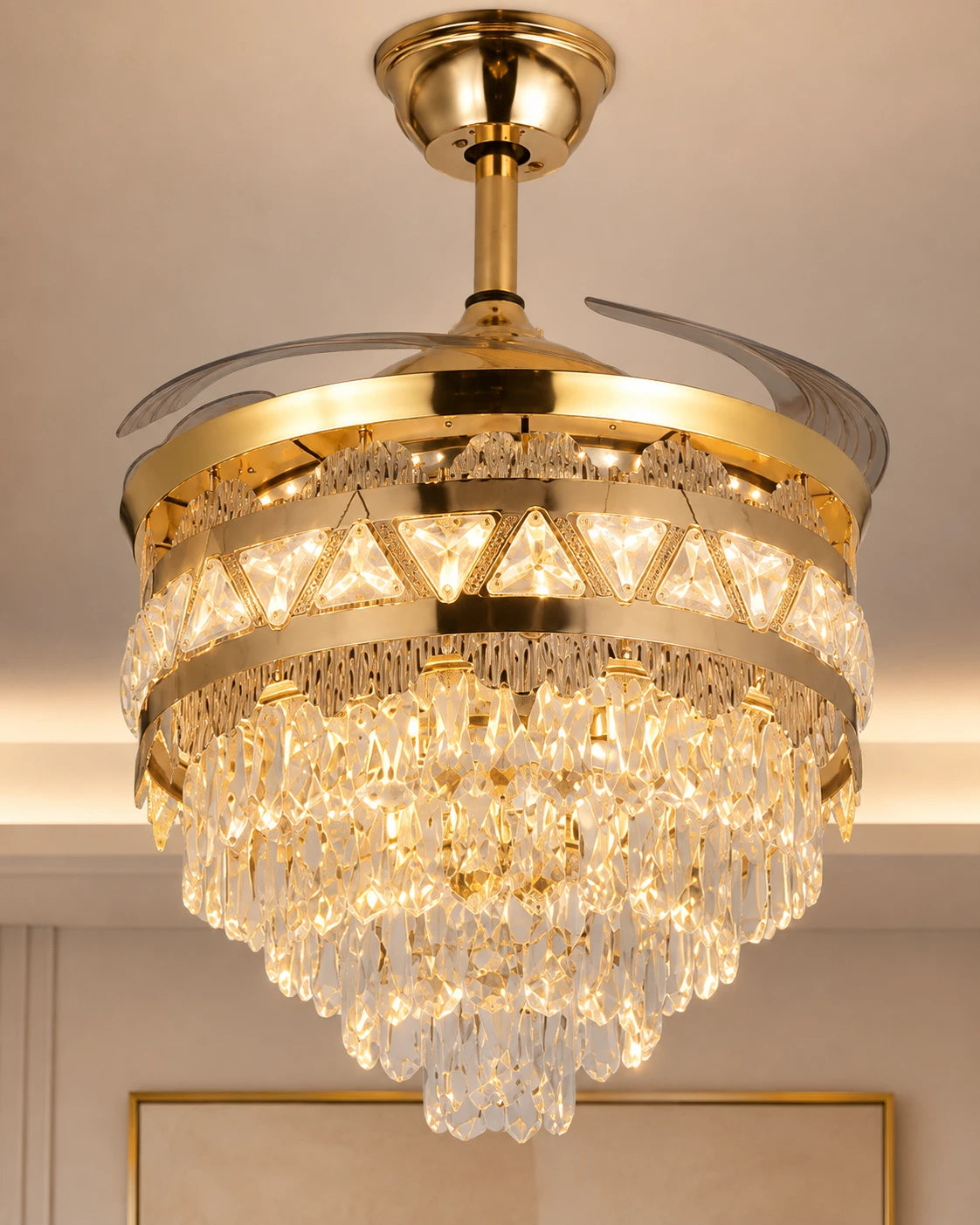 Luxury Rose Gold Retractable Ceiling Fan + Chandelier Light (with Remote Control) 
