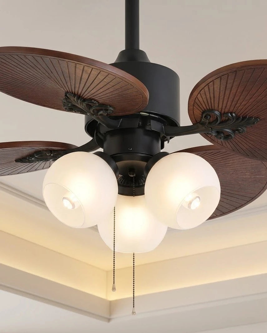 Tropical Palm Leaf Retractable Ceiling Fan + Chandelier Light (with Remote Control) 