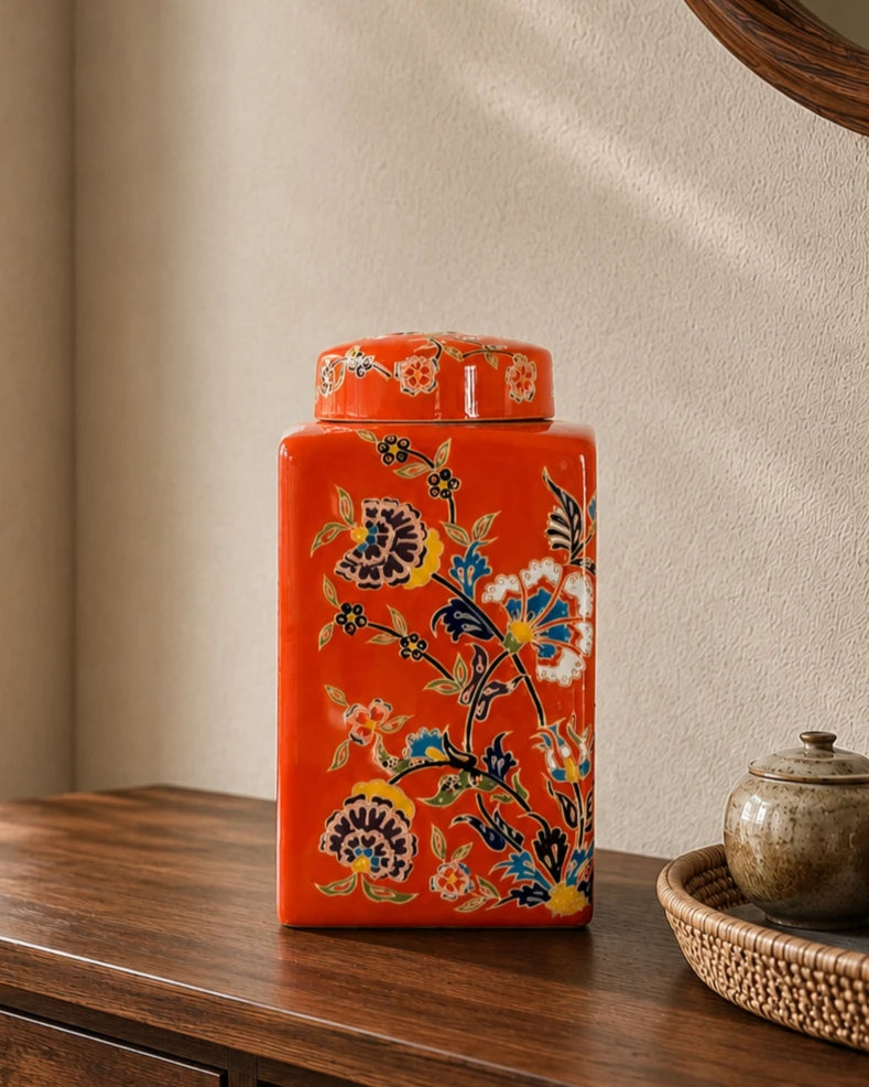 The Vermilion Bloom Square Ginger Jar 
