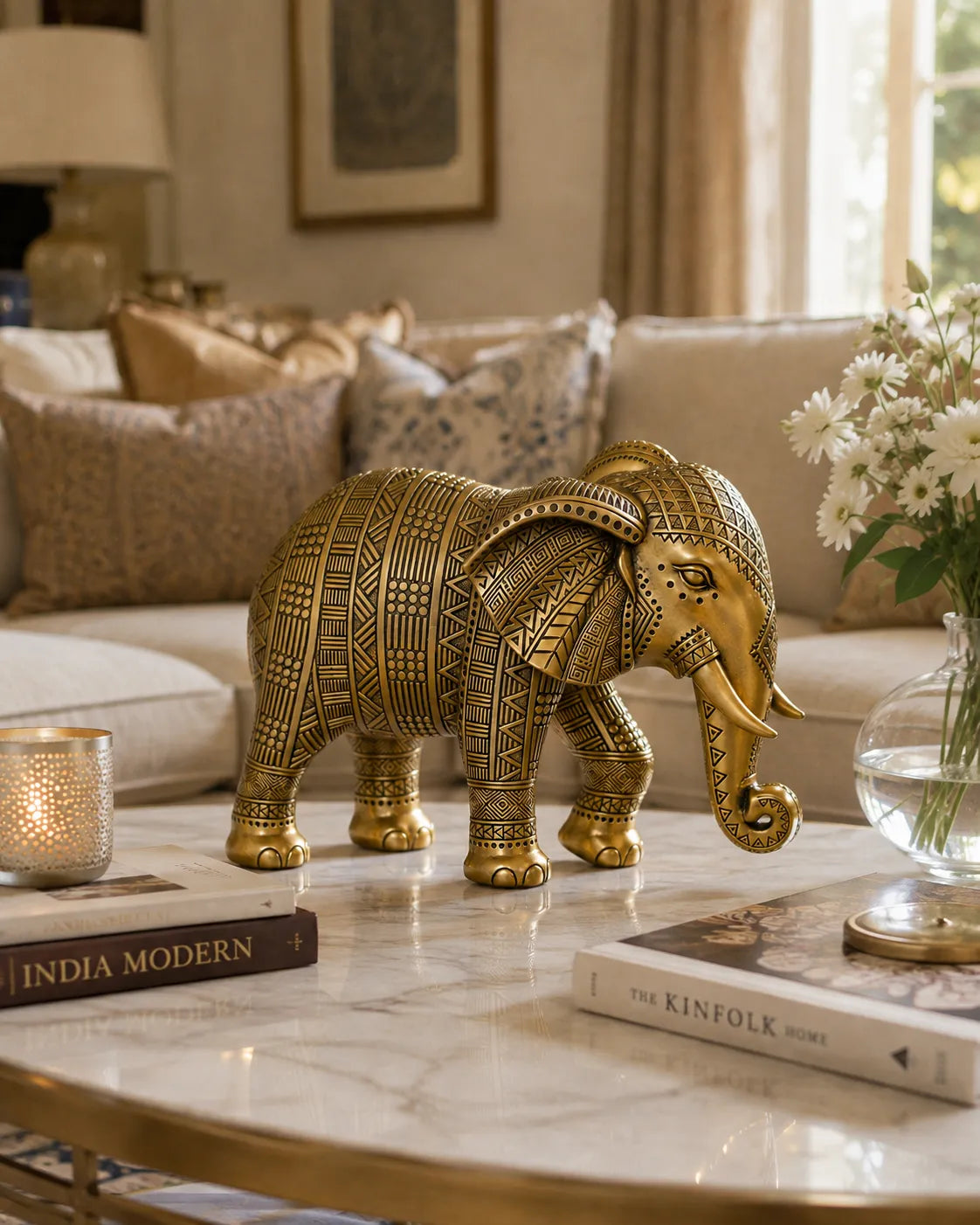 Regal Tusker Golden Elephant Decorative Figurine - Big