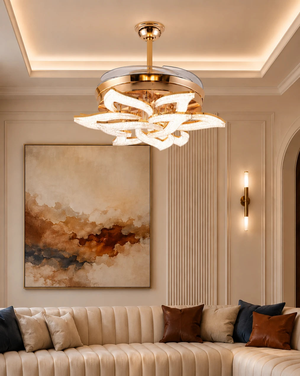 Curv Strip Retractable Ceiling Fan + Chandelier Light (with Remote Control) 