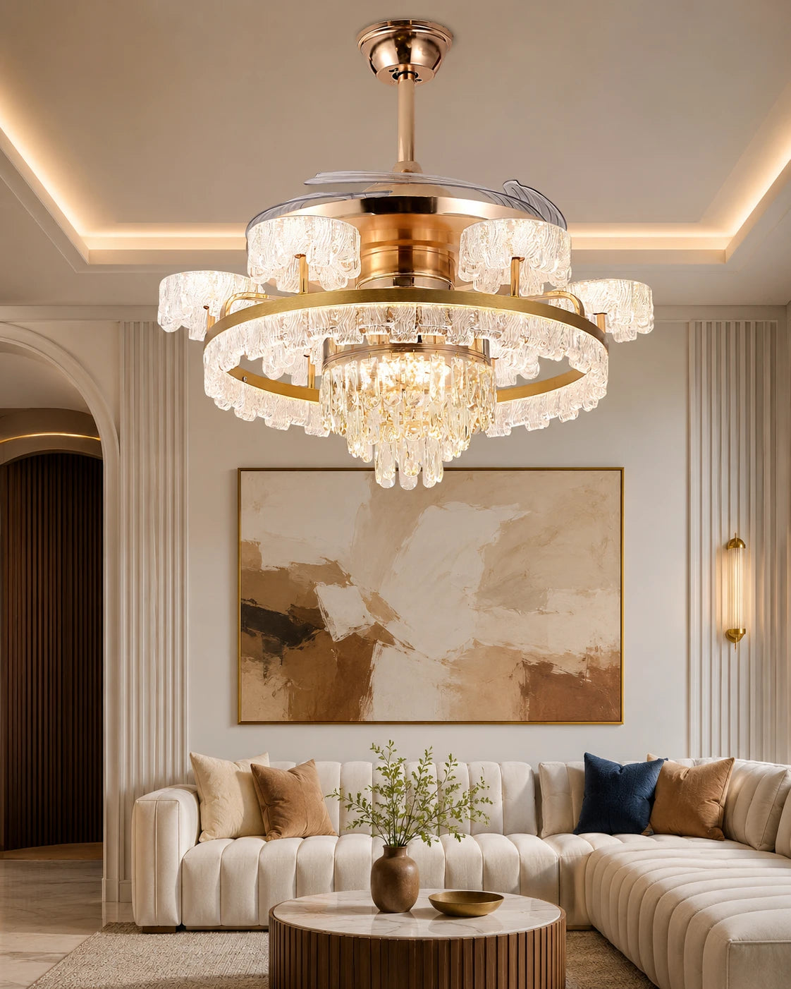 Golden Aura Retractable Ceiling Fan + Chandelier Light (with Remote Control) 