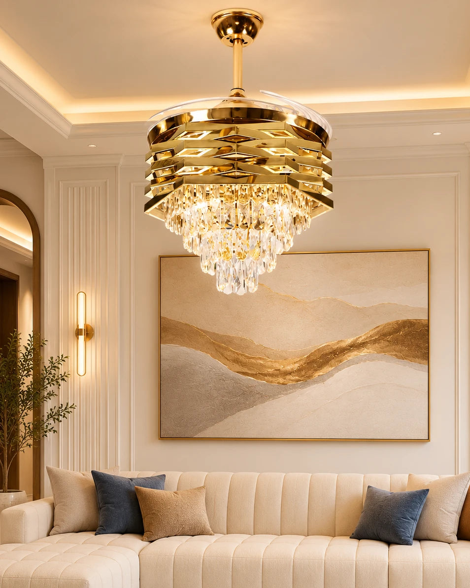 Regal Gold Retractable Ceiling Fan + Chandelier Light (with Remote Control) 