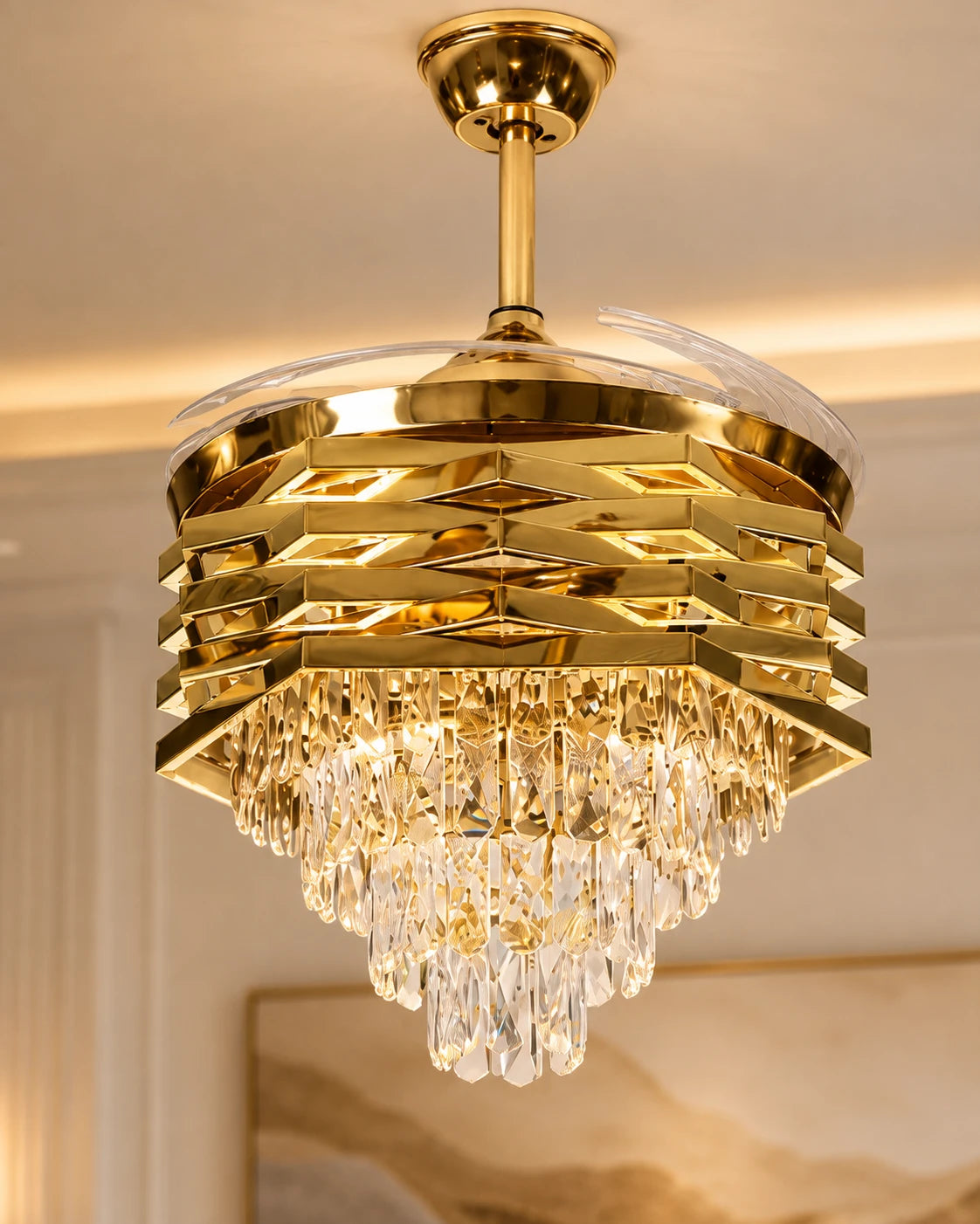 Regal Gold Retractable Ceiling Fan + Chandelier Light (with Remote Control) 