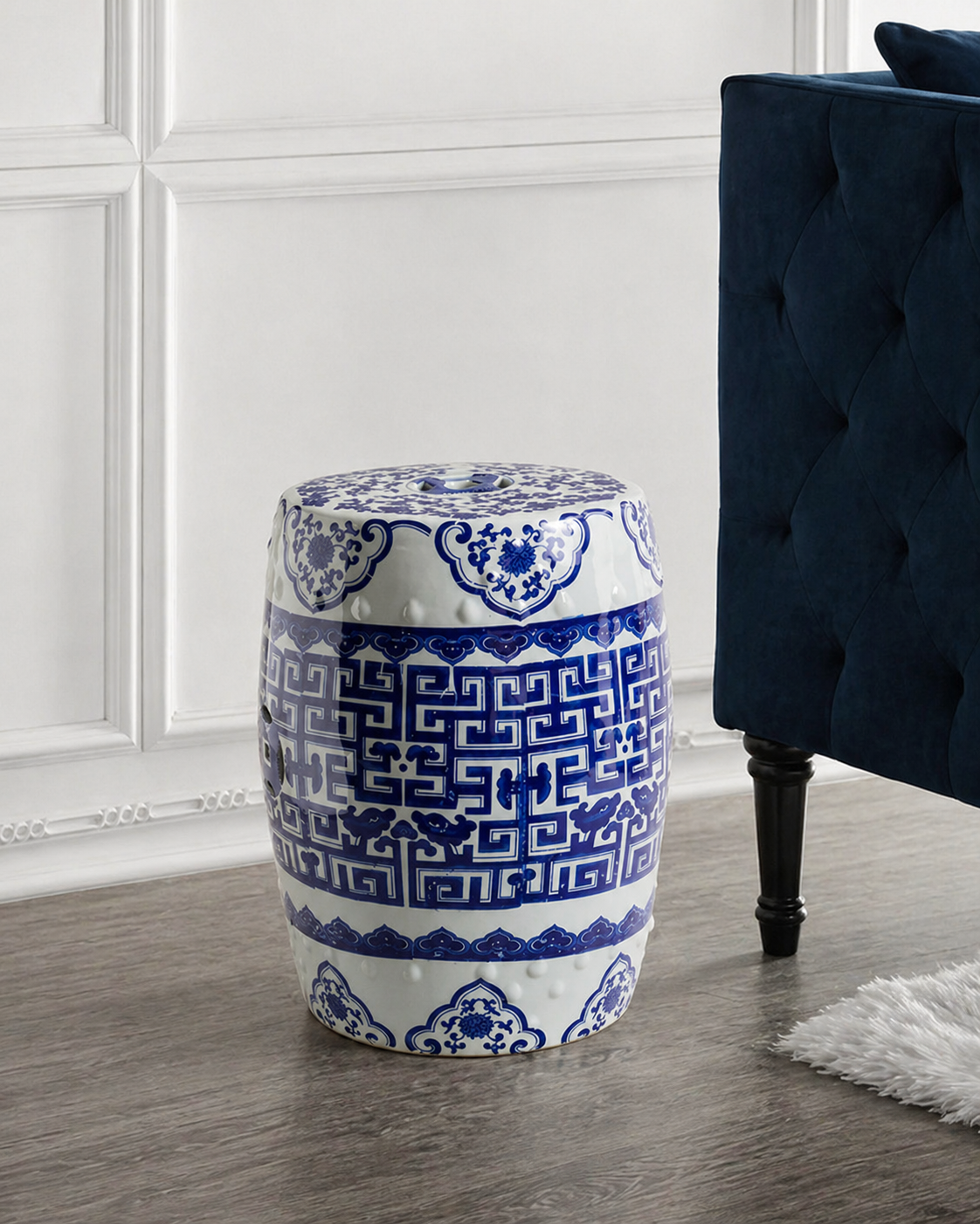 Blue Geometric Porcelain Garden Stool 