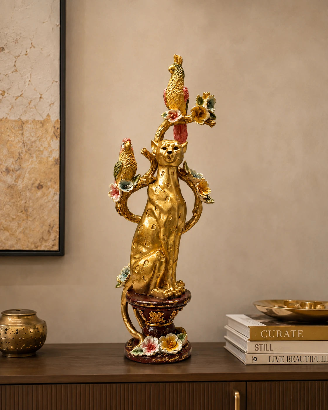 Golden Leopard & Parrot Tree Decorative Figurine 