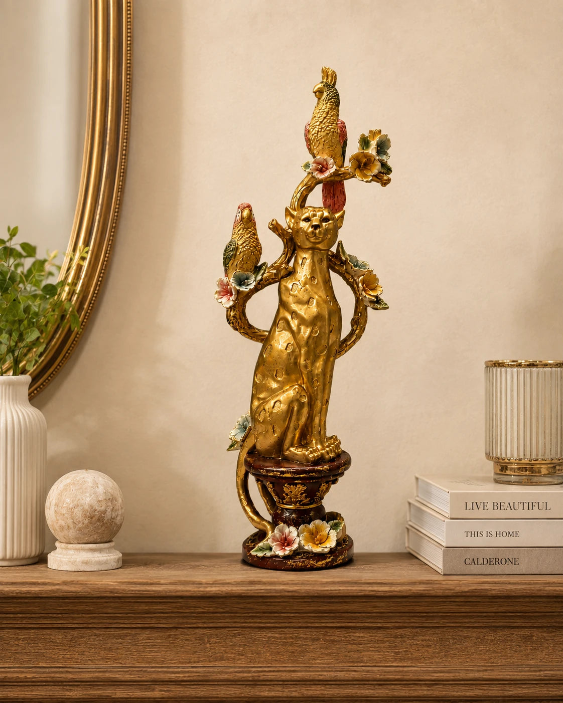 Golden Leopard & Parrot Tree Decorative Figurine 