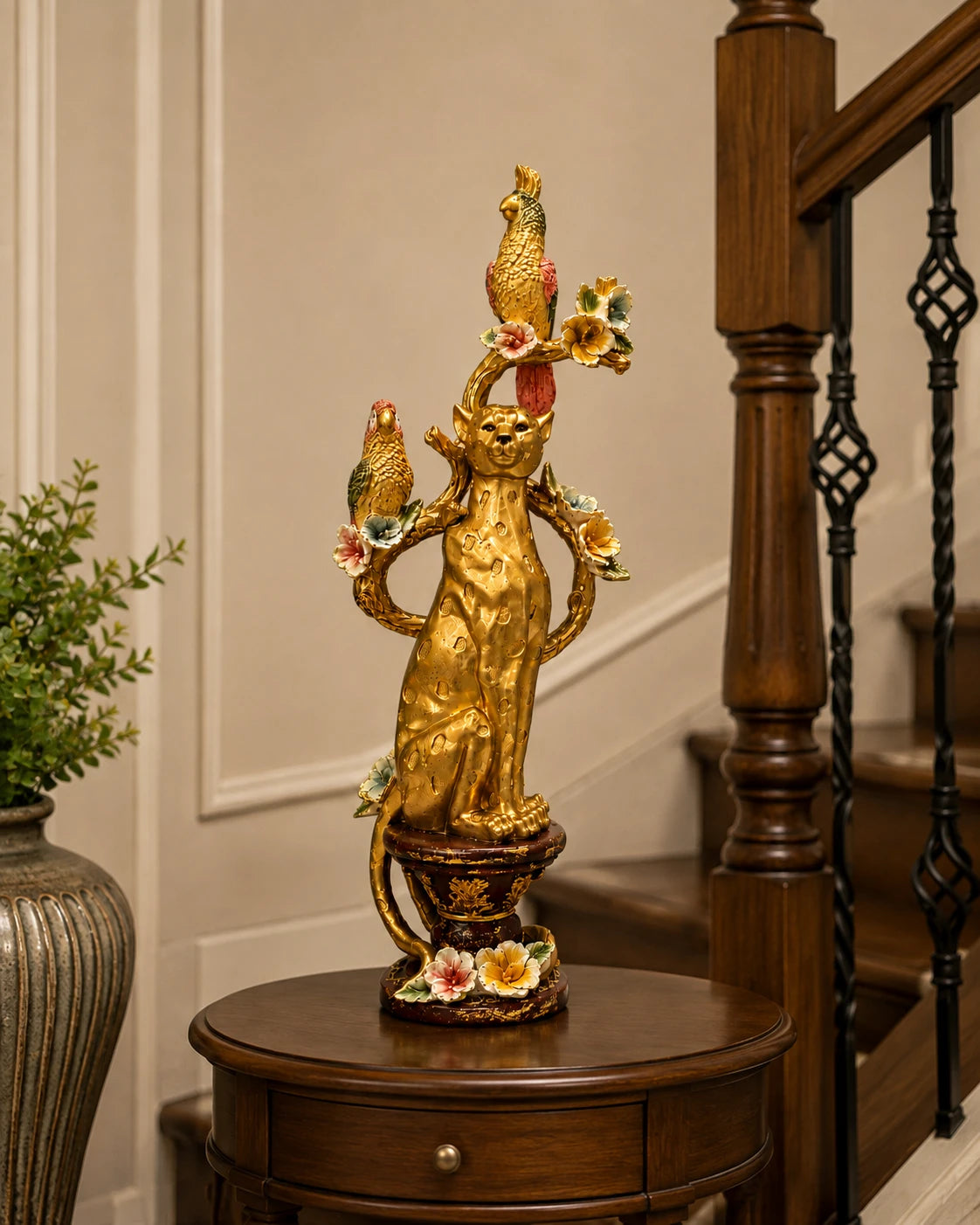 Golden Leopard & Parrot Tree Decorative Figurine 