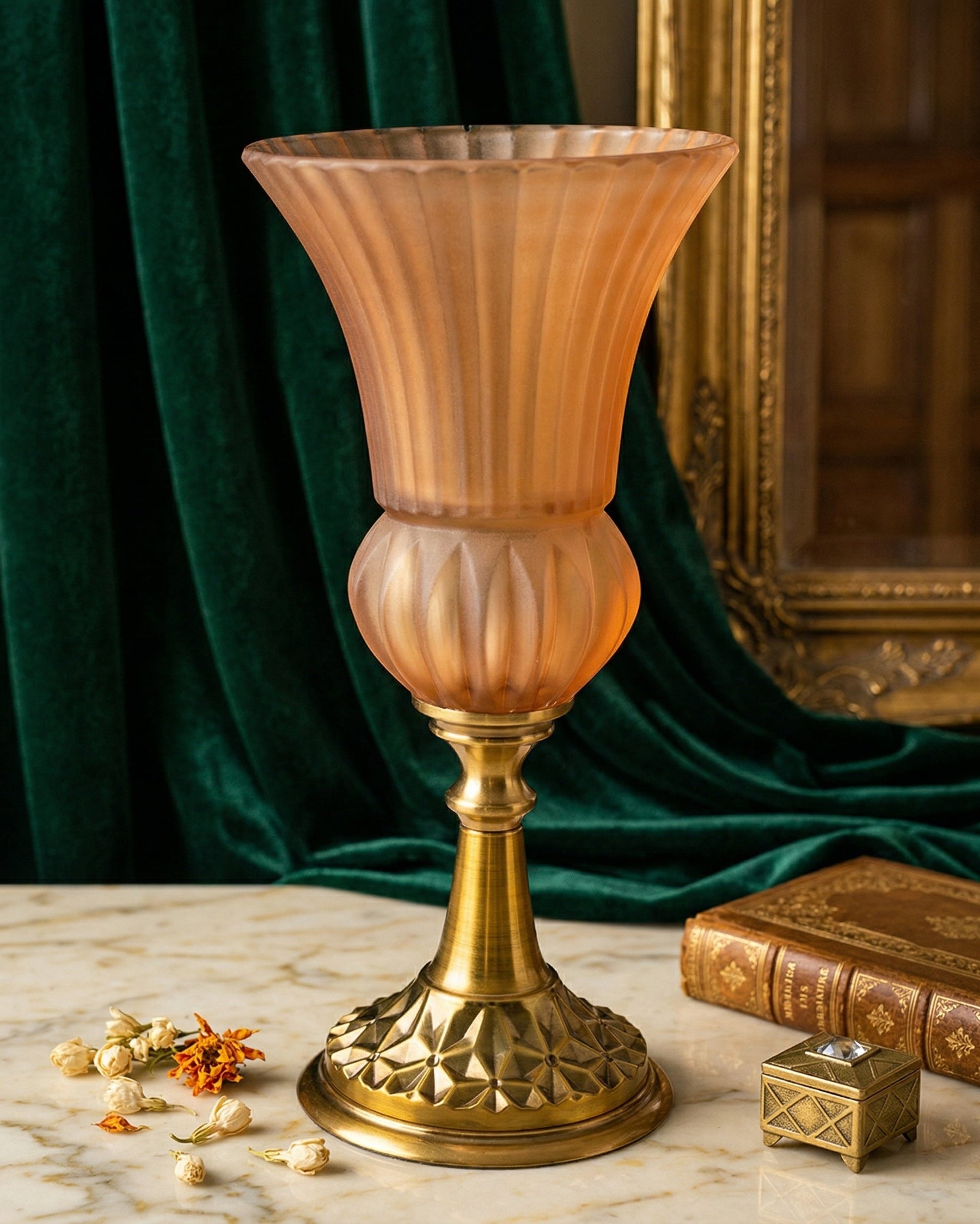 Ribbed Trumpet Glass Vase - Amber 