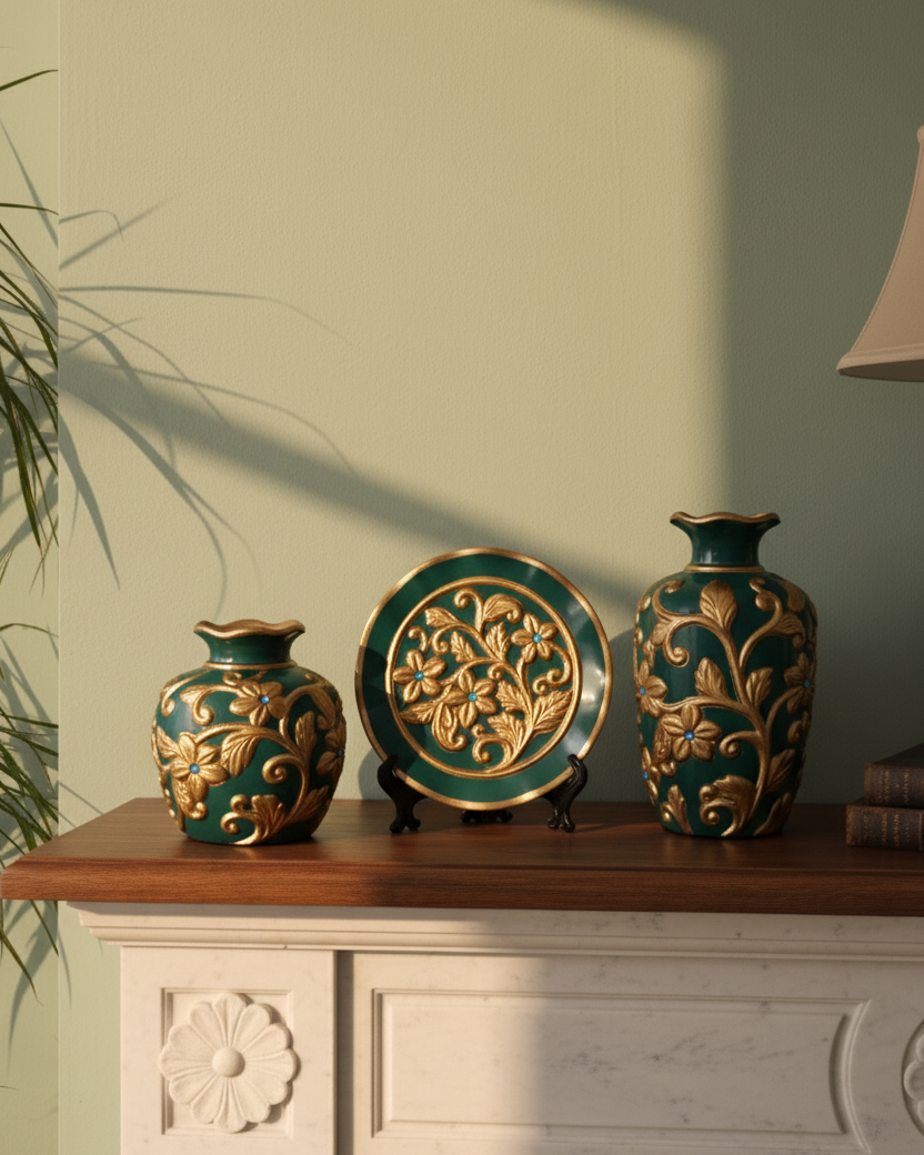 Emerald Royale Vase & Decorative Plate - Set Of 3 