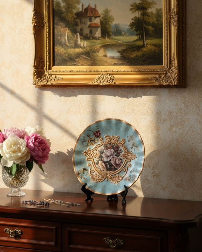 Regal Bloom Blue & Gold Vase & Decorative Plate - Set Of 3 