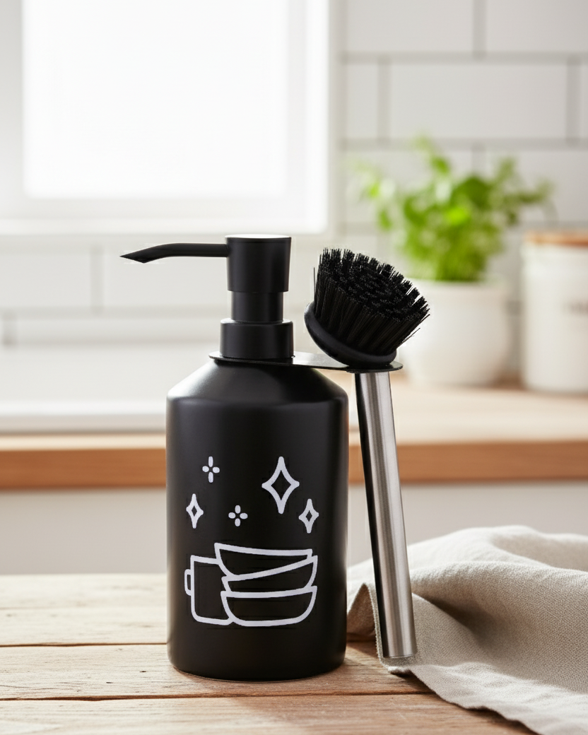 Modern Clean Soap Dispenser with Brush Holder - Black
